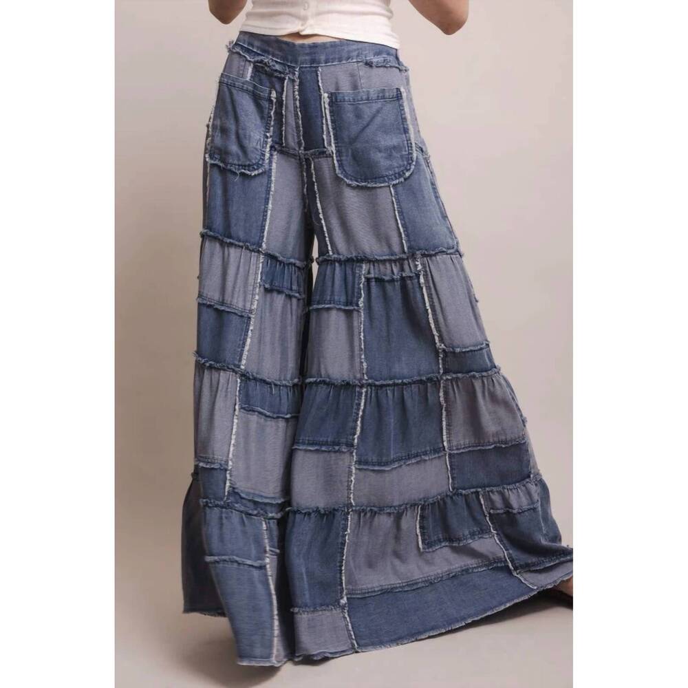 NEW BLUE VELVET wide leg patchwork chambray tiered pants in blue - Picture 4 of 6